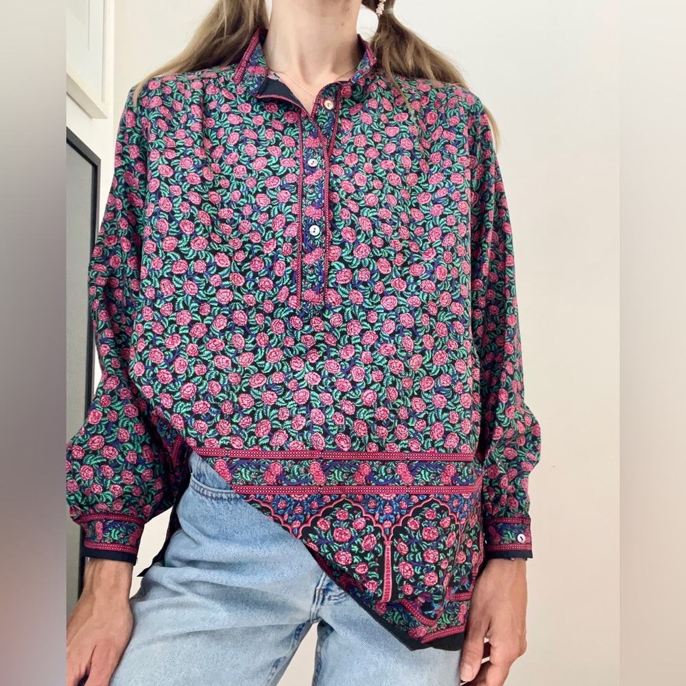 Elephant Garden Floral Silk Henley Tunic Blouse